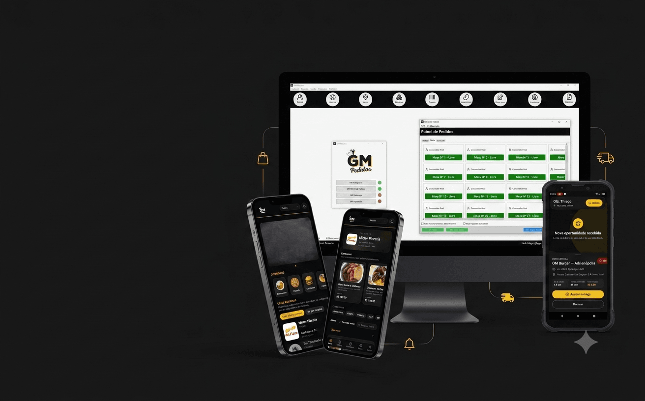 Ecossistema GM Pedidos com Retaguarda, cardápio digital, aplicativo do atendente e aplicativo do entregador