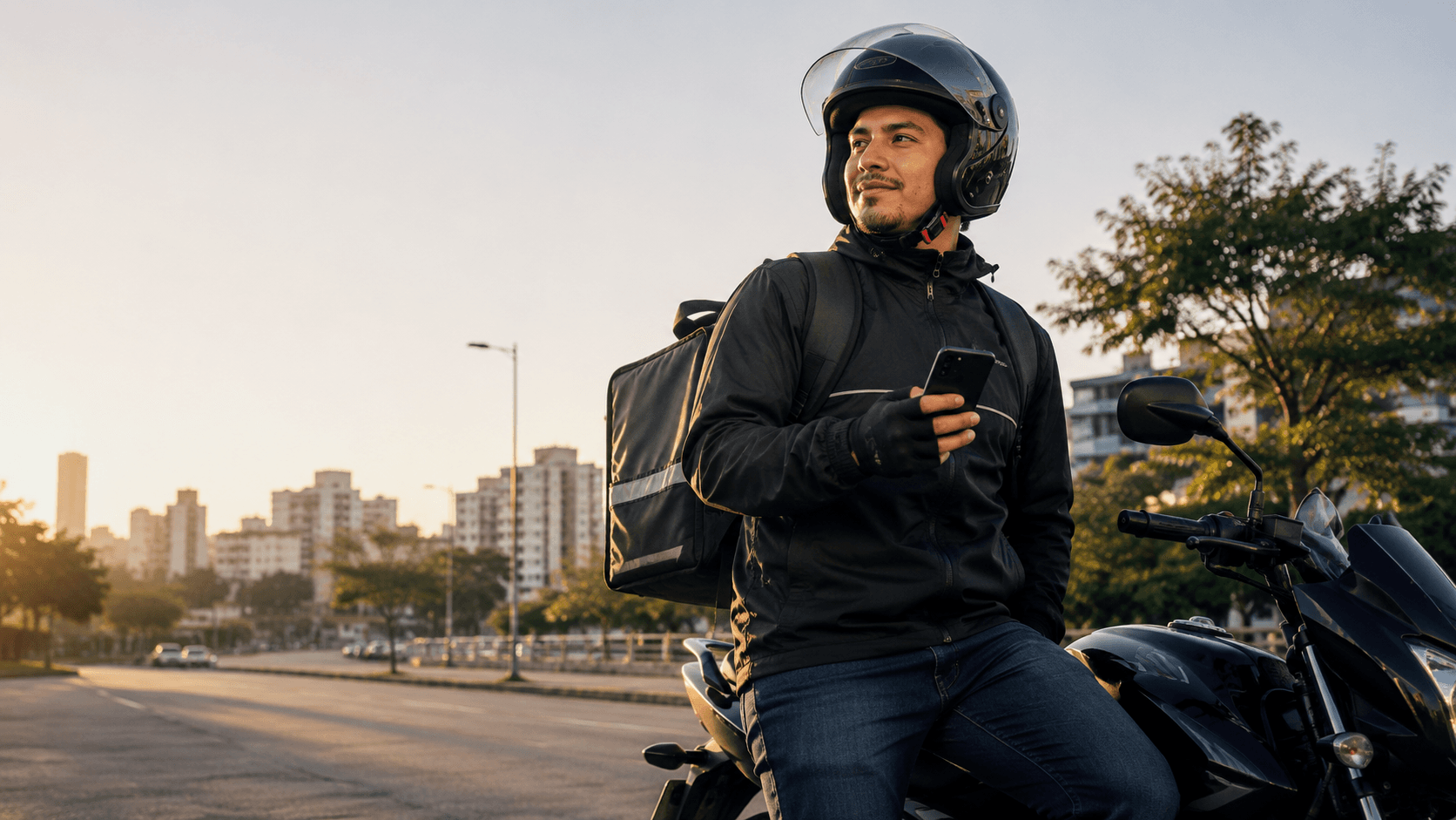Entregador parceiro ao lado de uma motocicleta